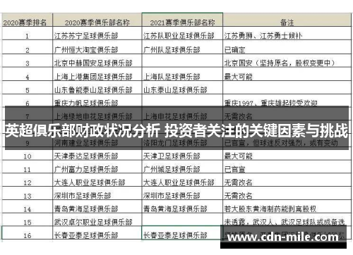 英超俱乐部财政状况分析 投资者关注的关键因素与挑战