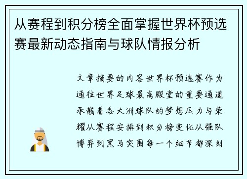 从赛程到积分榜全面掌握世界杯预选赛最新动态指南与球队情报分析 从赛程到积分榜全面掌握世界杯预选赛最新动态指南与球队情报分析